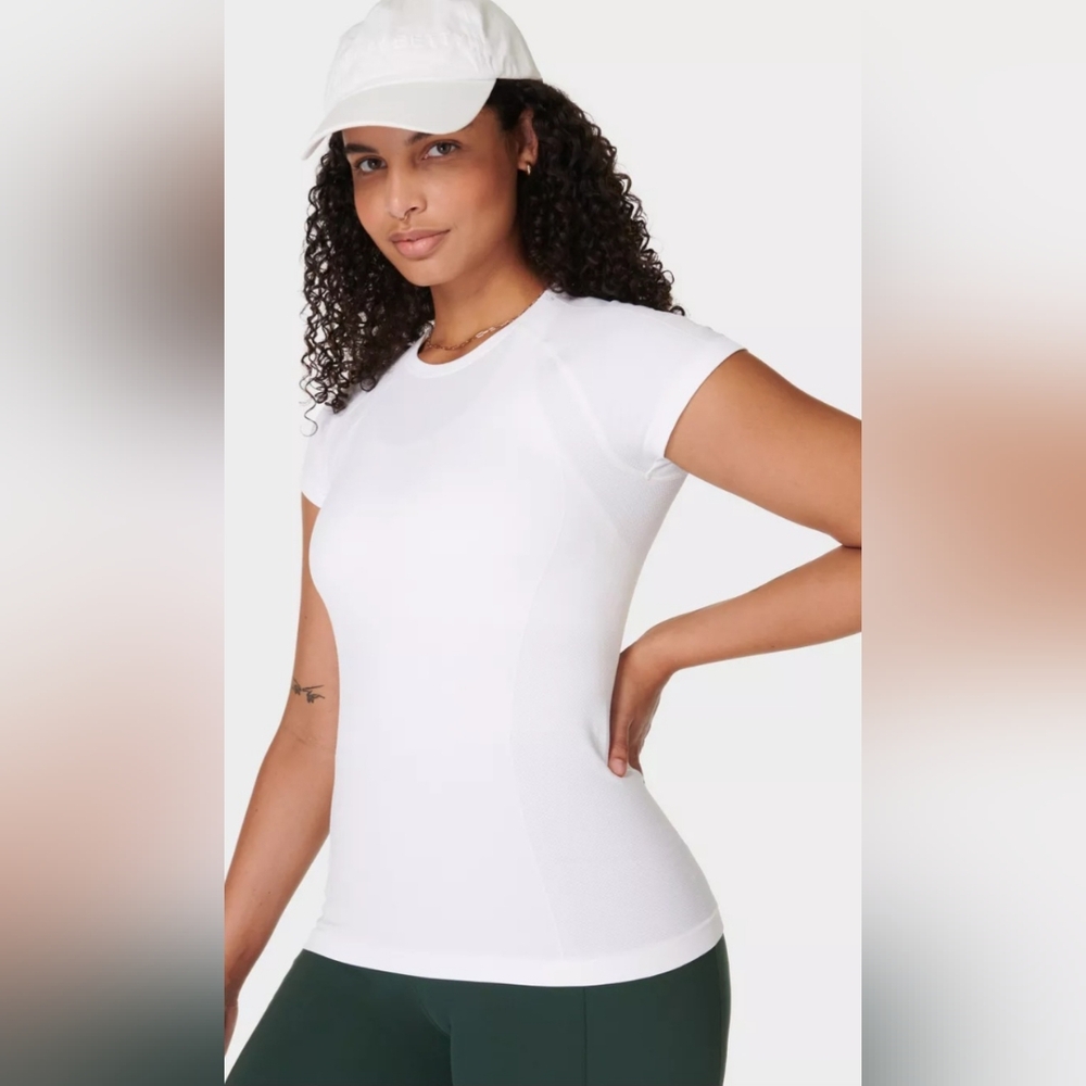 NWOT Sweaty Betty Seamless Workout White Short Sleeve Top Size XS